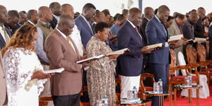 President William Ruto ( in white trouser) attending a church service alongside Deputy President Rigathi Gachagua, Kenya's first lady Rachel Ruto and second lady Dorcas Rigathi