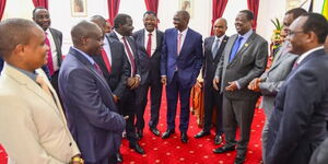 President William Ruto (center), Deputy PresidentRigathi Gachagua (far left), Prime Cabinet Secretary Musalia Mudavadi (second to Ruto's right) and Speakers Moses Wetangula and Amason Kingi together with other leaders at State House Nairobi on June 26, 2023.  