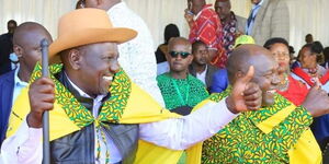 President William Ruto (left) graces former NTSA Director General Francis Meja's official campaign launch at my home Kimuka, Ewuaso Kedong ward, Kajiado West on December 3, 2021.