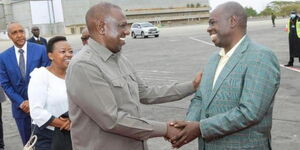 President William Ruto (left) greets his deputy Rigathi Gachagua during a tour in Nanyuki on January 8, 2023.