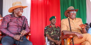 President William Ruto (right) and Deputy President Rigathi Gachagua at the Kimalel Grounds, Baringo County, for the 9th Annual Kimalel Goat Auction and Cultural Festival on December 14, 2023.