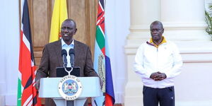 President William Ruto (left), flanked by his deputy Rigathi Gachagua, addresses the nation at State House, Nairobi on April 2, 2023.