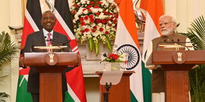 President William Ruto (left) with India's Prime Minister Narendra Modi at New Delhi during the signing of five memorandums between the two countries on December 5, 2023.