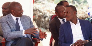President William Ruto (left) conversing with National Assembly Majority Whip Sylavnus Osoro
