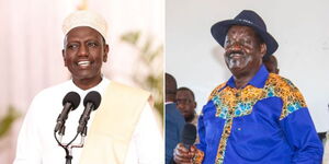 A photo collage of President William Ruto addressing Muslim leaders at State House on April 17, 2023 (left) and former Prime Minister Raila Odinga at Azimio's town hall meeting in Muran'ga County on April 20, 2023 (right).