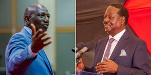 A photo collage of President William Ruto speaking in South Africa on May 17, 2023, (left) and Raila Odinga addressing the media on May 16, 2023 (right).