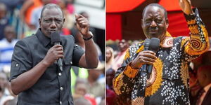 A collage of President William Ruto speaking in Kiambu County on September 30 (left) and Former Prime Minister Raila Odinga speaking in Nyamira County on September 10, 2023 (right).