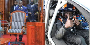 A photo collage of the Siaya Deputy Governor William Oduol's seat being presented at State House (left) and President William Ruto at the Safari Rally in Naivasha on June 21, 2023 (right).
