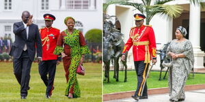 A photo collage of President William Ruto and First Lady Rachel Ruto alongside Aide-de-Camp Colonel Fabian Lengusuranga at State House on December 12, 2022 (left) and former President Uhuru Kenyatta and First Lady Margaret Kenyatta walking in State House on December 12, 2018 (right).