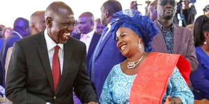 President William Ruto (left) shares a light moment with Machakos Governor Wavinya Ndeti during a thanksgiving ceremony in Machakos County on Sunday, April 16, 2023.
