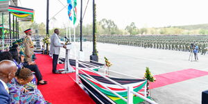 President William Ruto presides over the parade at the National Youth Service Paramilitary Academy in Gilgil, Nakuru County on March 3, 2023. 