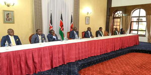 President William Ruto (centre) leads the Kenya Kwanza Parliamentary Group meeting at State House, Nairobi on April 11, 2023.