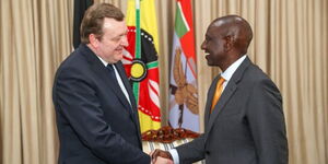 President William Ruto (right) shakes hands with Belarus Foreign Affairs Minister Sergei Aleinik at State House, Nairobi on Monday, April 3.