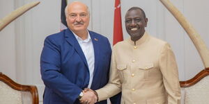 President William Ruto (right) and Belarus President Aleksandr Lukashenko at State House, Nairobi on December 11, 2023.