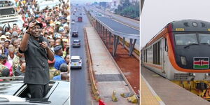 Collage of President William Ruto in Nakuru on Wednesday June 14, 2023, the BRT project on Thika Road and a train in Nairobi