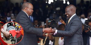 Former President Uhuru Kenyatta handing over the instruments of power to President William Ruto at Kasarani Stadium on September 13, 2022, with an attendant fueling a car in Nairobi (in a circle).