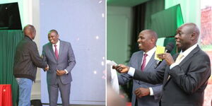 Collage of President William Ruto (left) and Member of Parliament Kimani Ichung'wah (first frame) and Deputy President Rigathi Gachagua during the celebrations of the 10th anniversary of Kikuyu Constituency Endowment Fund on December 7, 2023.