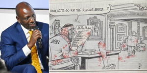 A photo collage of President William Ruto speaking in France on June 22, 2023 (left) and a cartoon by Gado published in the Standard Newspaper on June 19, 2023 (left).