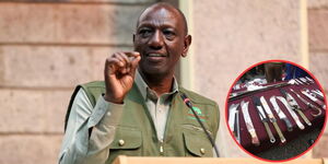 President William Ruto speaking during a meeting at UN headquarters on November 13, 2023, and weapons recovered from Confirm gang in Nakuru County on June 28, 2022.