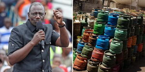 President William Ruto speaking during a development tour of Kiambu County on August 17, 2023, and gas cylinders stacked at a reffing company in Nairobi County. 