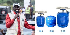 President William Ruto speaking at a rally in Nayandarua County on January 11, 2024 (left) and categories of gas cylinders depending on size.