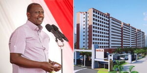 A photo collage of President William Ruto speaking during the launch of affordable houses in Nakuru County on February 13, 2023 (left) and an artistic impression of affordable houses in Machakos County (right).