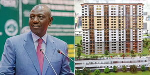 A photo collage of President William Ruto speaking in South Africa on May 17, 2023 (left) affordable houses launched for construction in Lang'ata on May 11, 2023 (right).