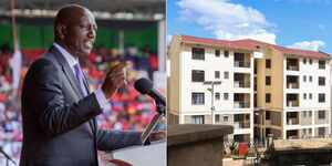 A photo collage of President William Ruto speaking in Embu on June 1, 2023 (left) and houses undertaken under the affordable housing programme in Embu County (right).