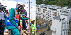 President William Ruto inspecting an affordable housing project in Kabarnet on January 19, 2024 (left) and affordable houses in Mombasa County.