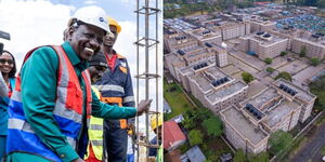 President William Ruto interreacting with contractors in Nandi County in January 2024 and affordable houses constructed in Nakuru County.