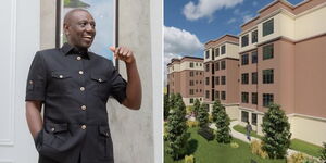 A photo collage of President William Ruto at State House on January 2, 2023 (left) and affordable housing project in Nakuru County.