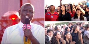 Photo collage of President William Ruto addressing youth at the Champs de Mars, Paris, France, on Thursday, June 22, 2023.