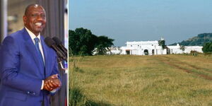 A side-by-side image of President William Ruto (left) and the 35-roomed mansion located at Intona Ranch, Trans-mara Sub-County, Narok County.