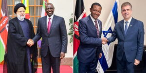 A photo collage of President William Ruto and President Ebrahim Raisi of Iran at State House on July 12, 2023 (left) and Foreign Affairs CS Alfred Mutua and his Israeli counterpart at a meeting on Sunday, July 16, 2023 (right). 