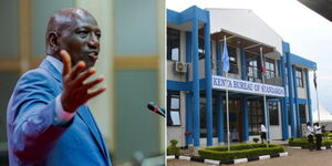 A photo collage of President William Ruto speaking at an event in South Africa on May 17 (left) and KEBS main offices in Kisumu County (right).