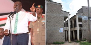 A photo collage of President William Ruto speaks during the launch of the proposed Kibera Soweto East Zone B Social Housing Project in Nairobi on October 25, 2022 (left) and the stalled project in Mukuru slum, Nairobi. 