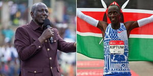 President William Ruto addressing a gathering in Meru County on January 27, 2024 (left) and Kelvin Kiptum after breaking the world marathon record time in Chicago in October 2023.