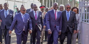 Land Cabinet Secretary Zachariah Njeru (second left)  joins President William Ruto when he officially launched the BCRUP strategy at a side event in KICC on September 6, 2023.