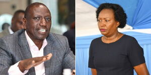 A photo collage of President William Ruto speaking during a meeting in Israel on May 10, 2023 and Former Public Health PS Josephine Mburu who was sacked on May 15, 2023.