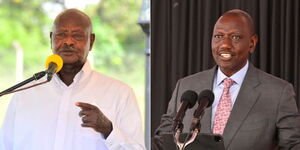 President Yoweri Museveni addressing an event on May 17, 2023 (left) and President William Ruto speaking at the National Prayer Breakfast on June 7, 2023 (right).