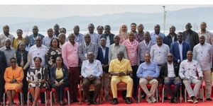President William Ruto (centre) poses for a photo with his Cabinet during the end of the Second National Executive Retreat in Naivasha, Nakuru County, on February 21, 2024. 
