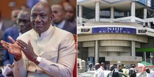 President William Ruto at an event on August 10 2023(left) and the NHIF building in Nairobi (right).
