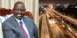 A photo collage of President William Ruto at State House on April 13, 2023 (left) and a photo of the Nairobi Expressway taken on the night of April 4, 2023 (right).