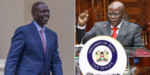 A photo collage of President William Ruto at State House Nairobi on June 26, 2023 (left) and Siaya Deputy Governor William Oduol during Senate Committee hearings on June 22, 2023 (right).