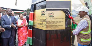 Photo collage of President William Ruto launching a road in Ol Kalou in November 26, 2018 and him launching the same road on Thursday April 6, 2023