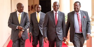 President William Ruto, DP Gachagua, Prime CS Musalia Mudavadi and Aaron Cheruiyot at State House for the Kenya Kwanza Parliamentary Group Meeting on May 29, 2023.