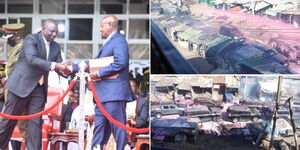 A photo collage of Presidents William Ruto and Yoweri Museveni shaking hands on September 5, 2022 (left) and police dispersing Azimio leaders with pink water (right).