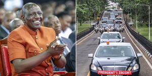 President William Ruto at a function on August 18, 2023(left) and former President Uhuru Kenyatta's motorcade leaving State House on March 20, 2021. 