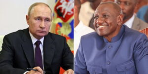 President of Russia Vladimir Putin (left) at the Kremlin on July 27, 2022 (left) and President William Ruto at State House on July 22, 2023 (right).