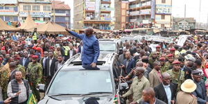 President William Ruto greets residents of Kiambu County after launching Githurai Market on August 5, 2023. 